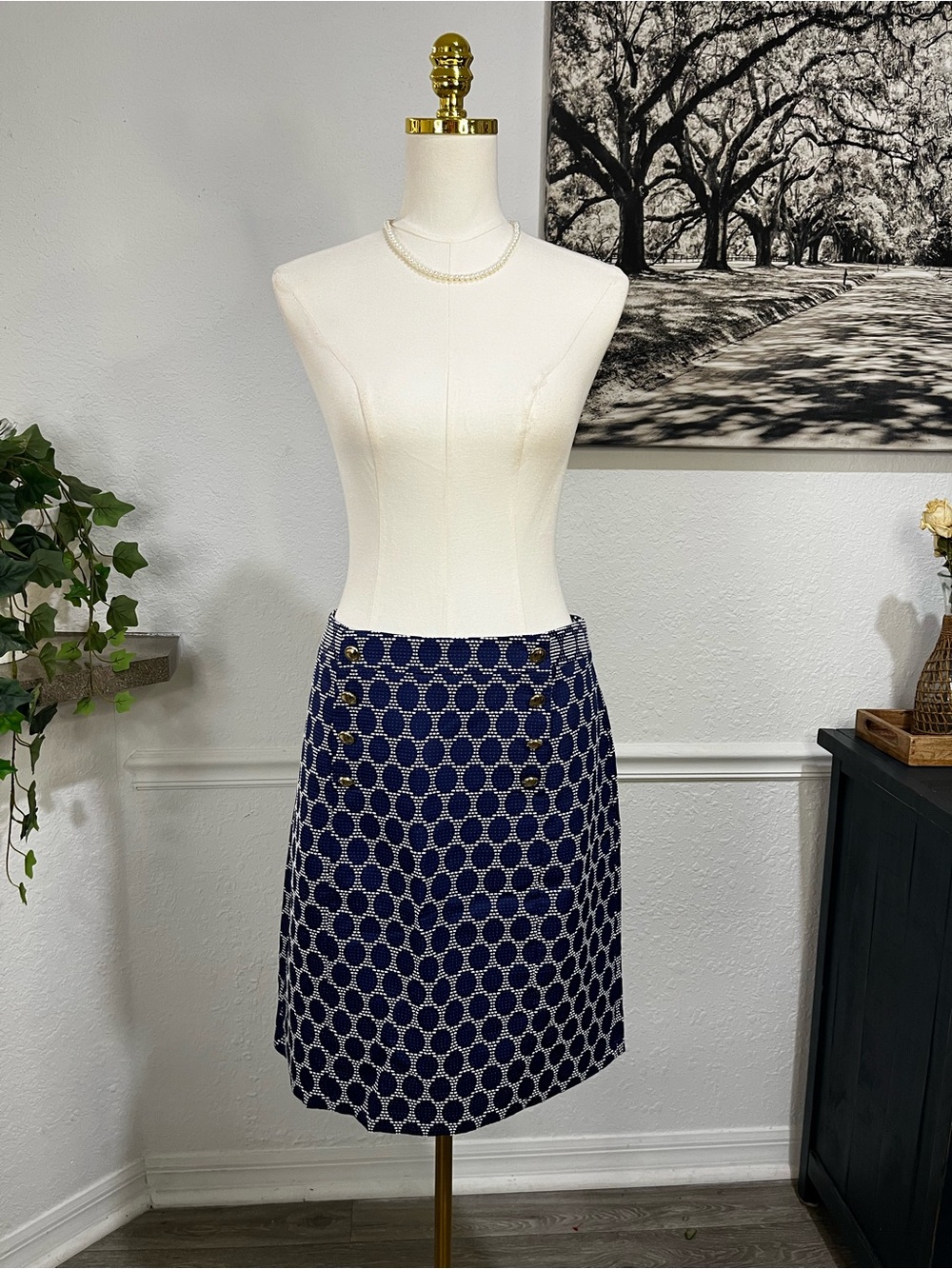 ANTONIO MELANI Navy and White Geometric Midi Skirt 12